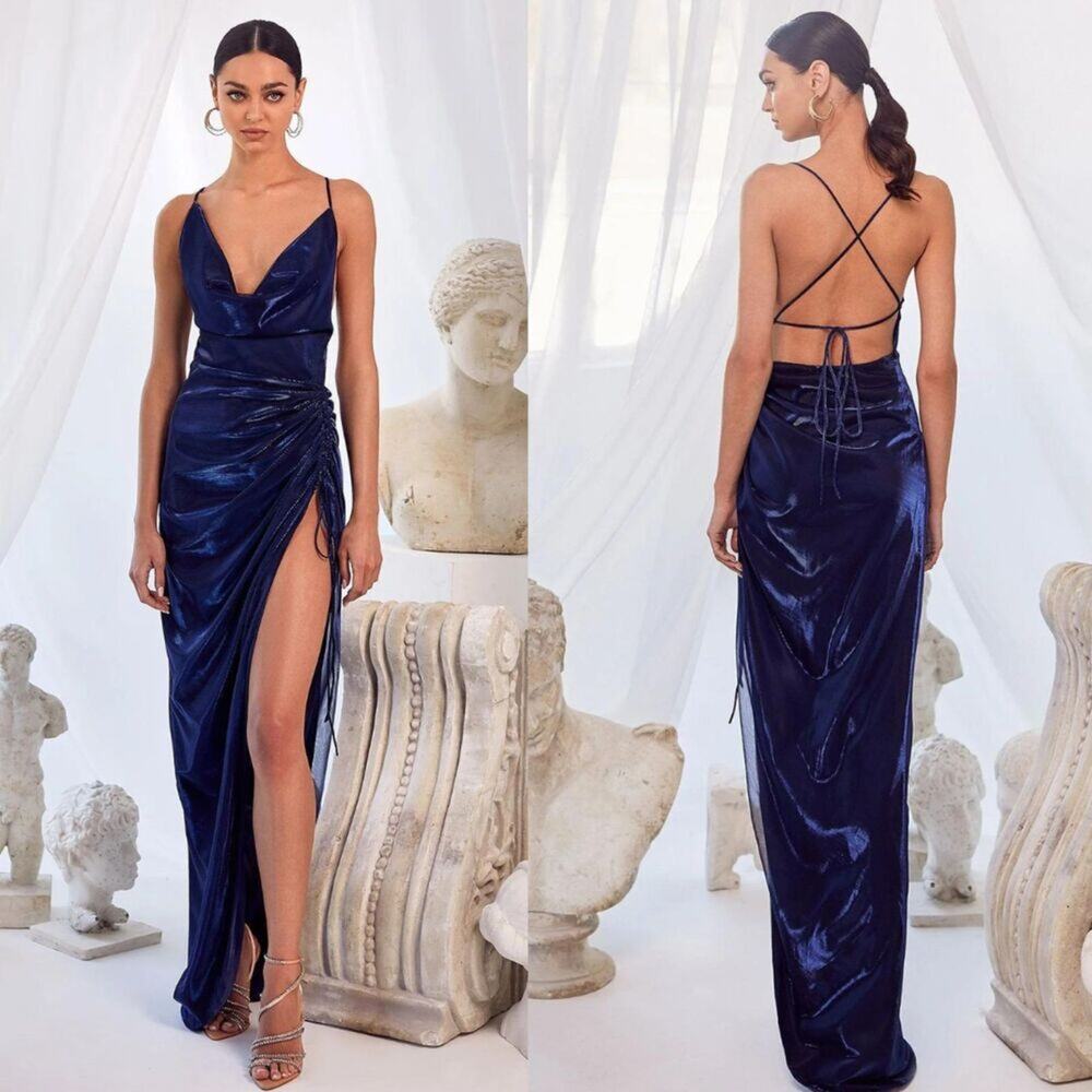 Alamour The Label Claudia Dress Navy Blue Side Slit Size XXS / US 0